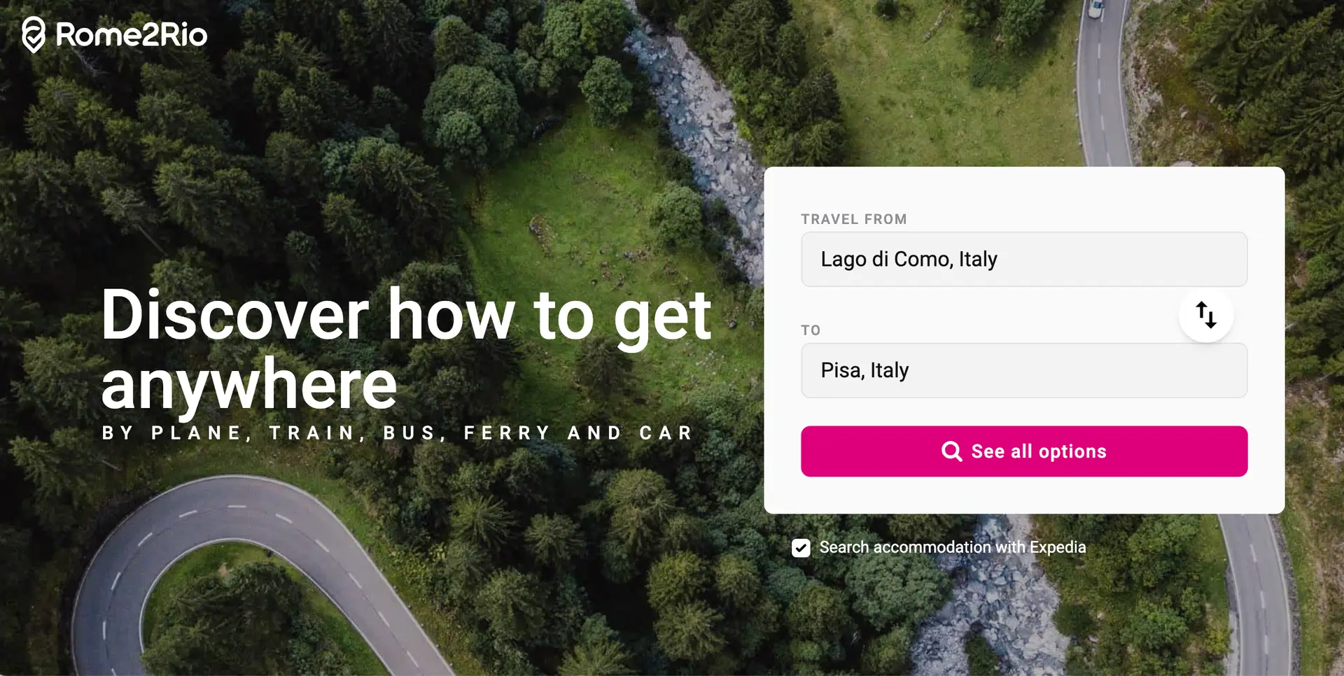 Rome2Rio home page for travel tools